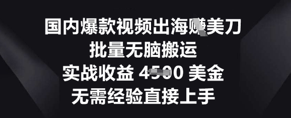 国内爆款视频出海挣美刀，批量无脑搬运，实战收益4.5k，无需经验直接上手-百创源-全网首发各大平台项目资源、专注分享新出网上vip赚钱方法、vip课程视频教程、付费网络课程以及网赚培训，学习引流、建站、赚钱等，学项目技术从这里开始！