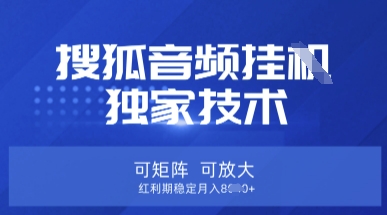 【搜狐音频挂G】独家技术，可矩阵可放大，红利期稳定月入8k【揭秘】-百创源-全网首发各大平台项目资源、专注分享新出网上vip赚钱方法、vip课程视频教程、付费网络课程以及网赚培训，学习引流、建站、赚钱等，学项目技术从这里开始！